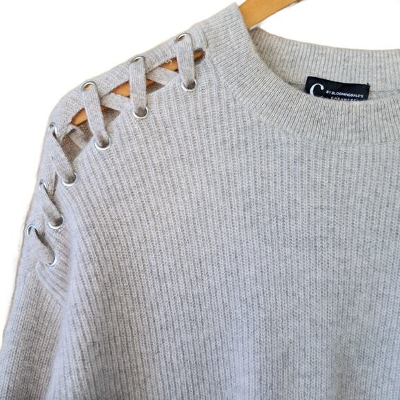 C by BLOOMINGDALE'S Cashmere Sweater RIbbed Laced Shoulders Medium Warm Gray - Picture 6 of 9